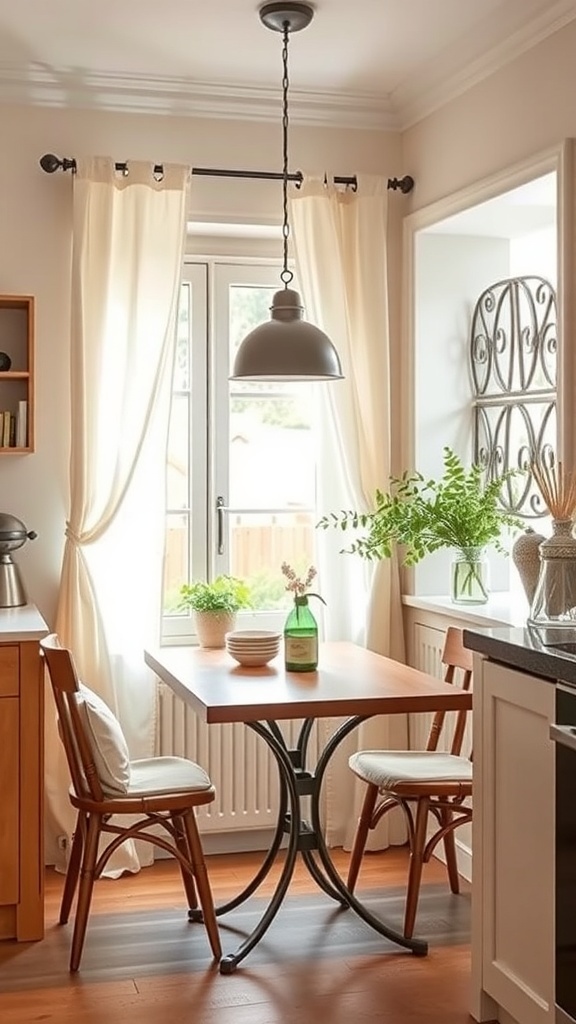 A cozy kitchen nook with café curtains, a wooden table, and plants.