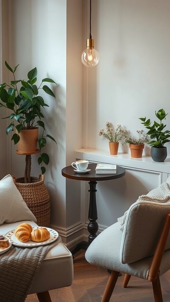 Cozy reading corner with a small table, coffee, pastries, and plants.