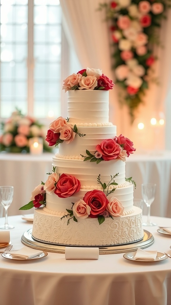 A beautifully decorated multi-tiered wedding cake adorned with roses and floral accents.
