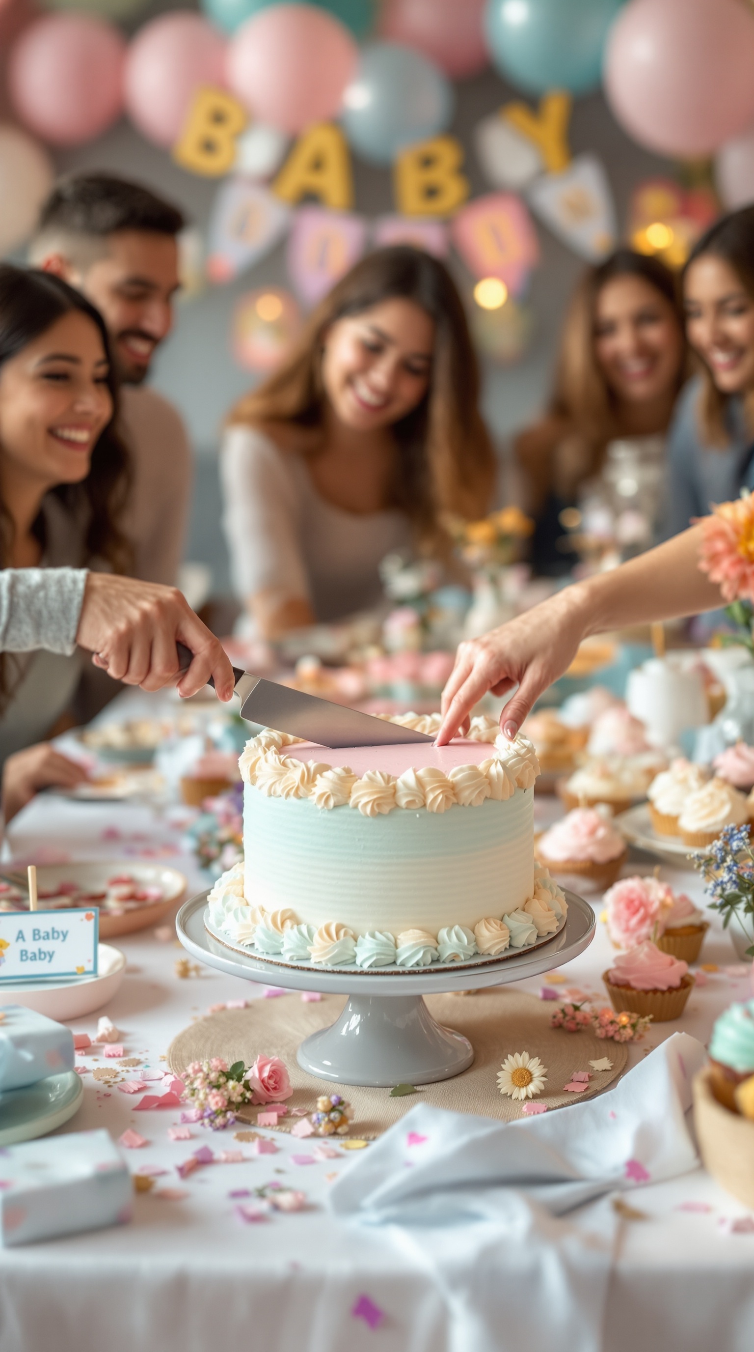 A group of friends celebrating a gender reveal party with a cake that has hidden color inside.