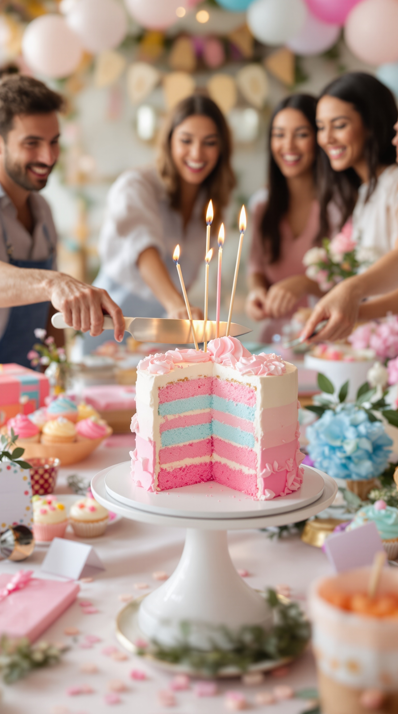 A gender reveal cake with pink and blue layers, surrounded by friends celebrating.