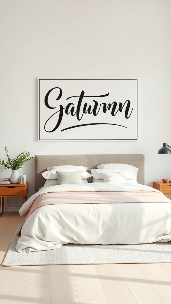 Calligraphy wall art featuring the word 'Saturnn' in elegant black script on a white background above a neatly made bed.