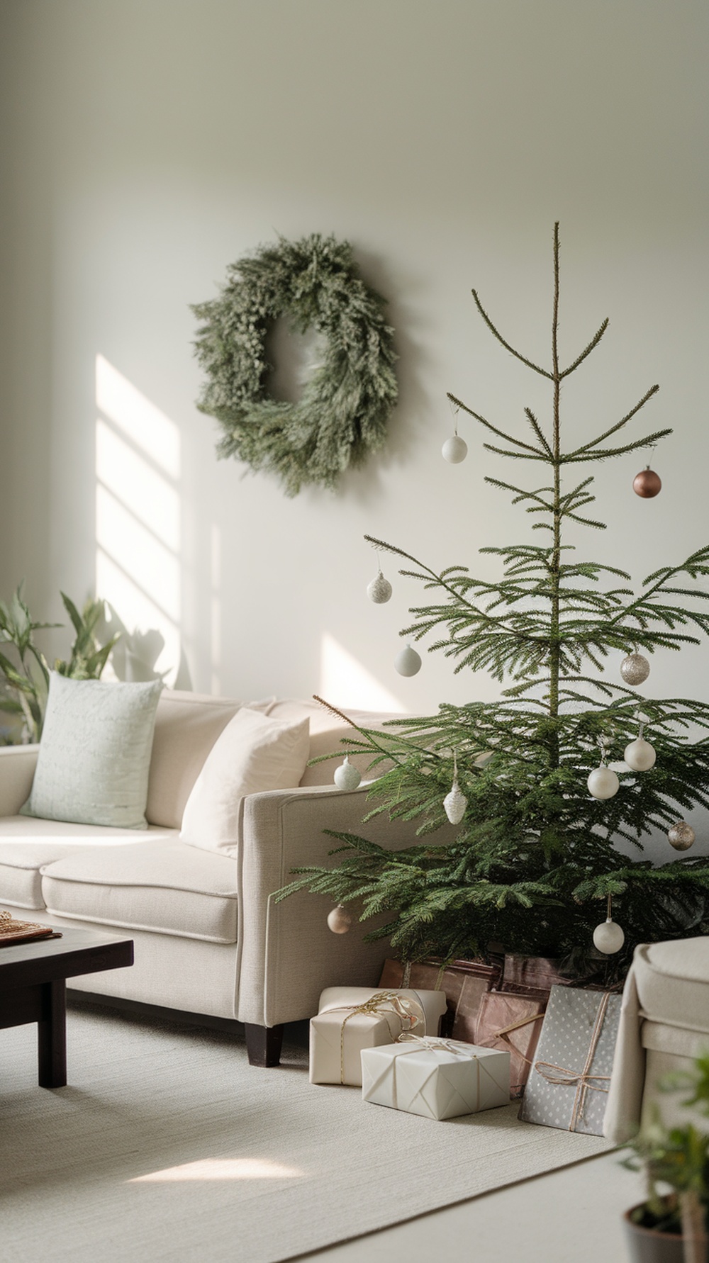 A minimalist Christmas decor featuring a simple tree with ornaments, a wreath on the wall, and neatly wrapped gifts.