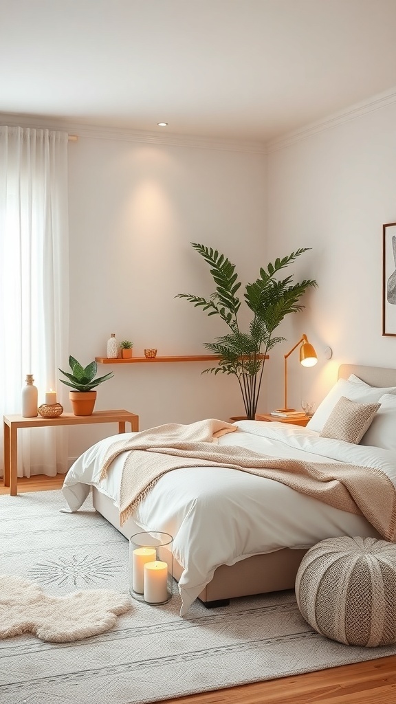 A calming bedroom with plants, candles, and soft textures.
