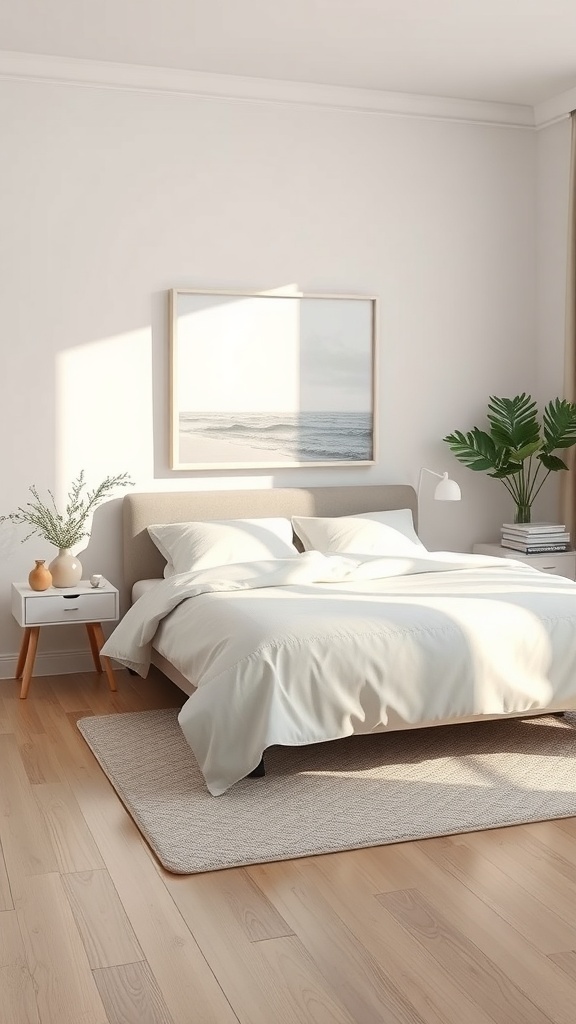 A minimalist bedroom featuring a soft ocean landscape artwork above a bed with white bedding and a light wooden floor.