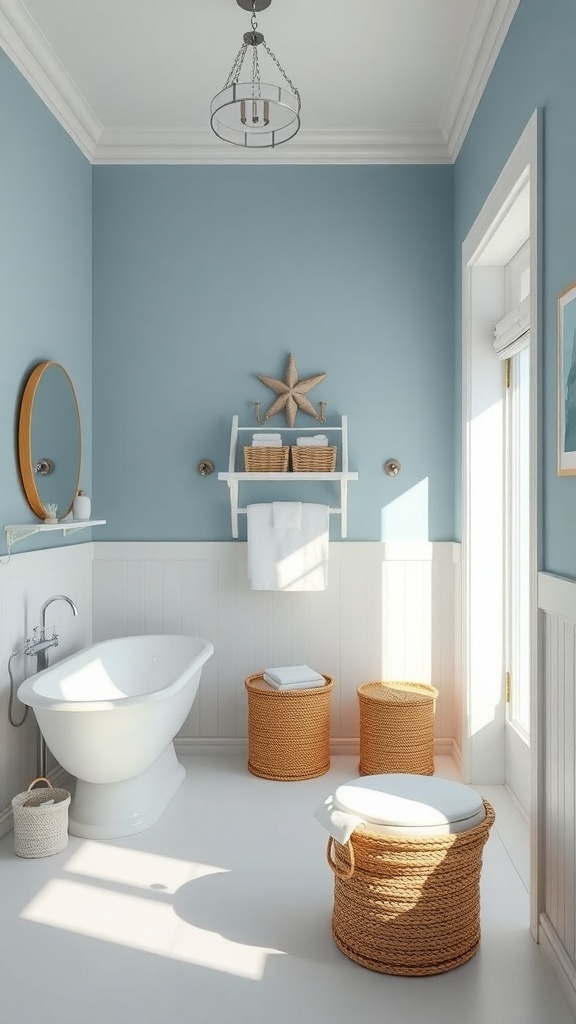 A serene bathroom with coastal blue walls, a freestanding tub, and natural decor elements.