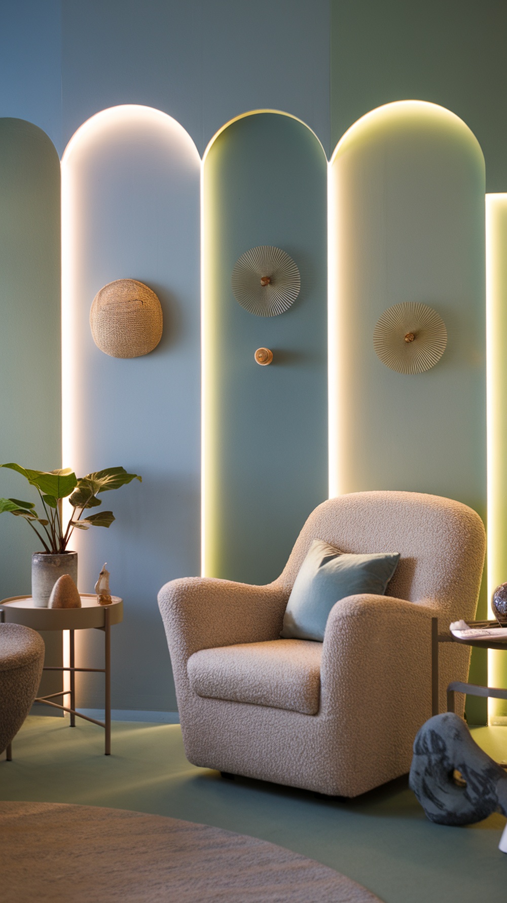 A calming therapist office featuring soft blue and green walls, warm lighting, and cozy furniture.