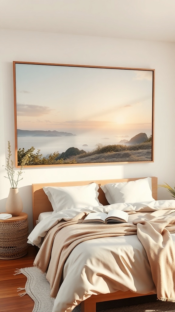 A calming landscape photograph featuring a sunset over a coastal scene, displayed above a cozy bed in a Japandi-style room.