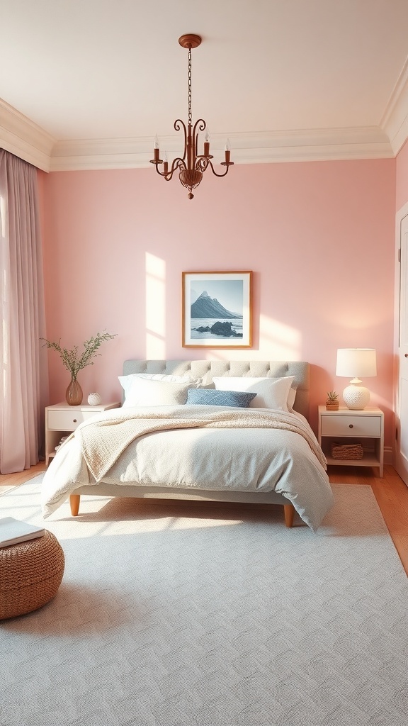 A calming light pink bedroom with soft furnishings and natural light.