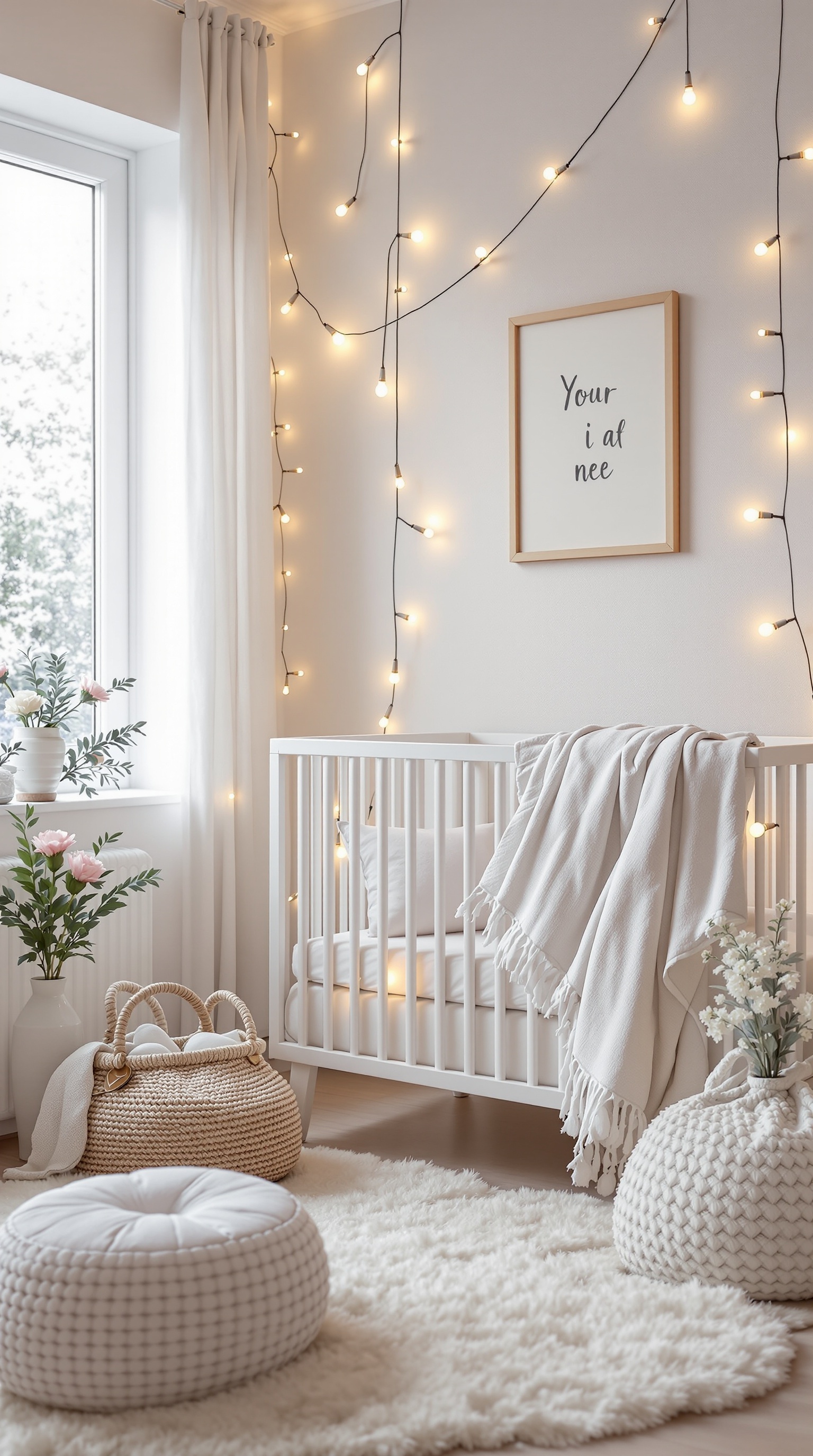 A neutral baby nursery with soft lighting, featuring a crib, decorative plants, and cozy textures.