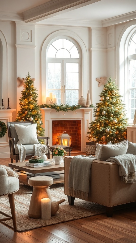 A cozy living room decorated for Christmas with neutral colors, featuring two Christmas trees, a fireplace, and soft furniture.