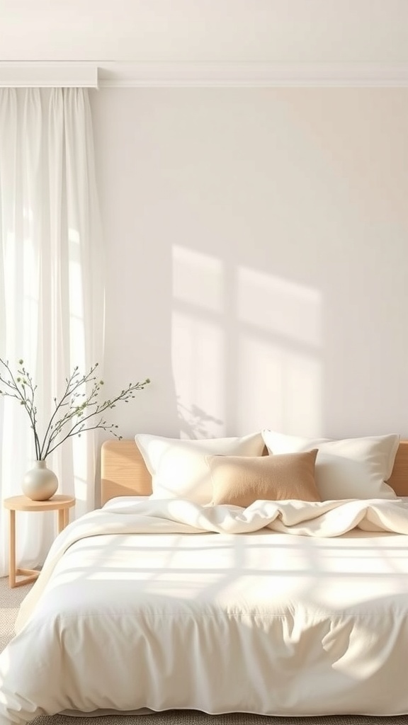 A serene bedroom with neutral tones, featuring a bed with white bedding, a side table with a vase, and soft natural light.