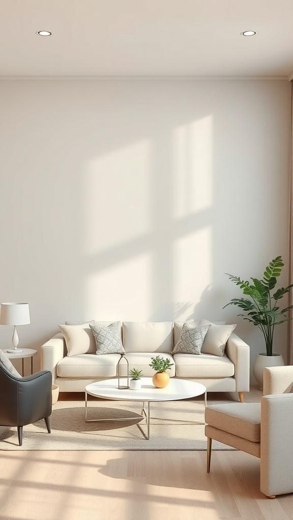 A living room featuring calming pastel shades with a cozy couch, stylish chairs, and plants.