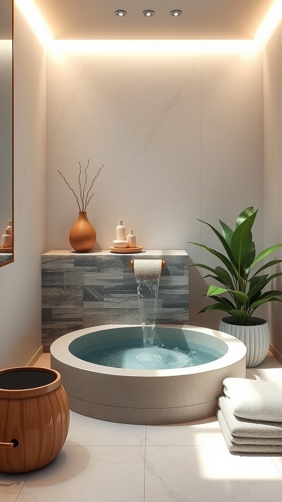 A modern bathroom featuring a circular soaking tub with flowing water, soft lighting, and plants.