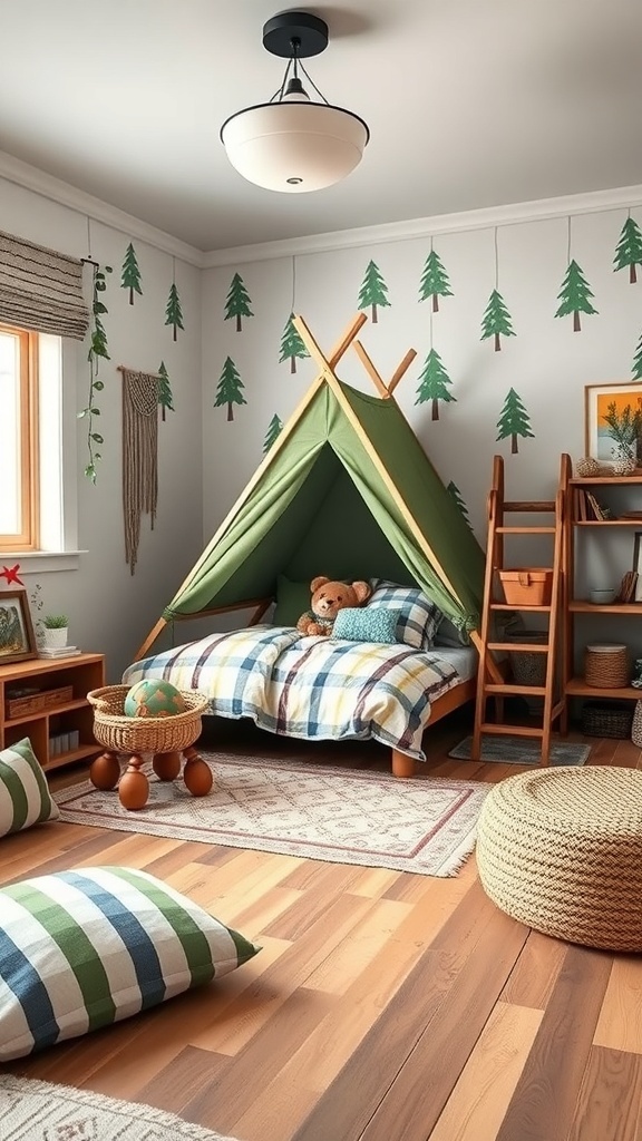 A cozy boys bedroom with a camping theme, featuring a green tent bed, plaid bedding, tree wall decorations, and soft floor pillows.