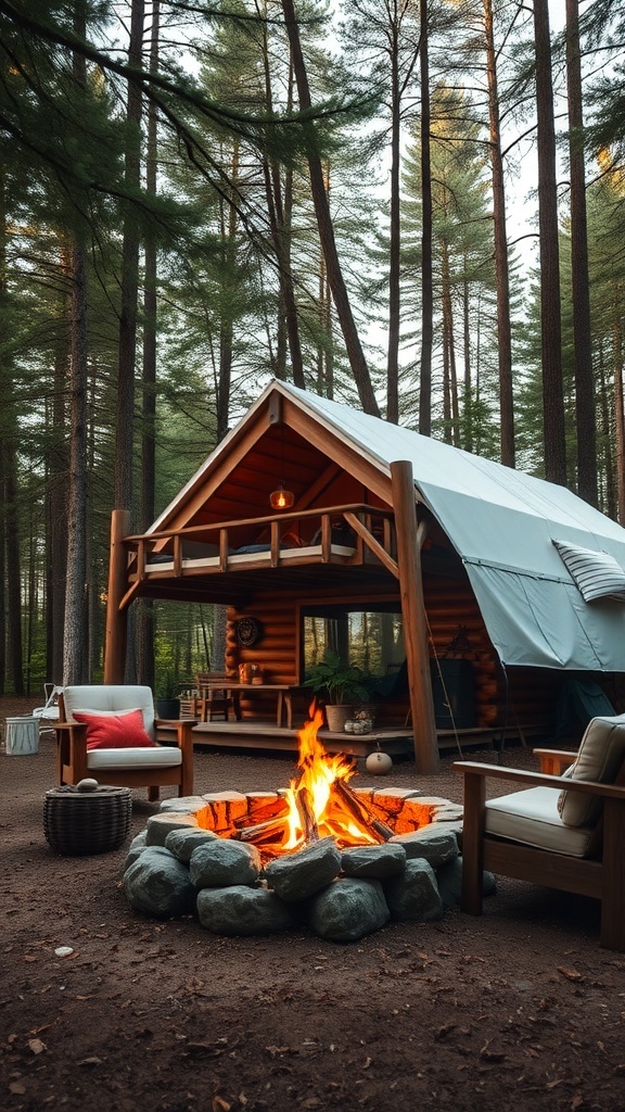 A cozy cabin in the woods with a fire pit and seating area