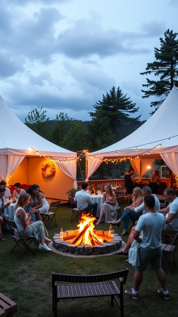 A picturesque camping-themed bridal shower with tents, a campfire, and guests enjoying themselves.