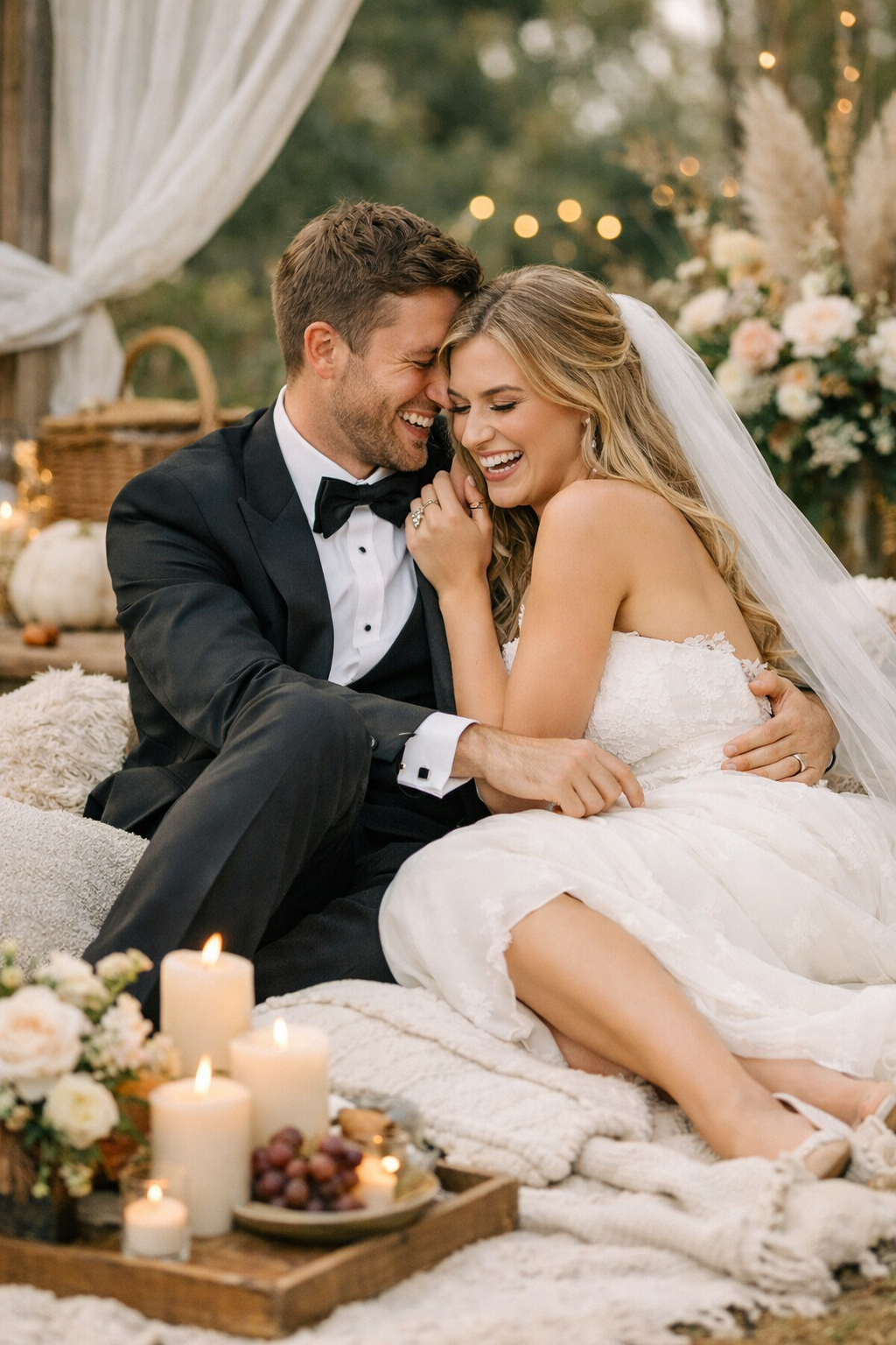 A couple cuddling happily in a rustic setting with cozy decor and soft lighting.
