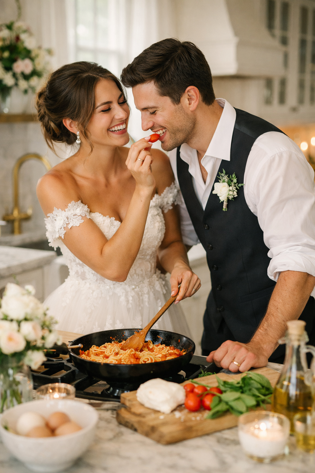 A couple happily cooking in the kitchen, preparing pasta and sharing a joyful moment together.