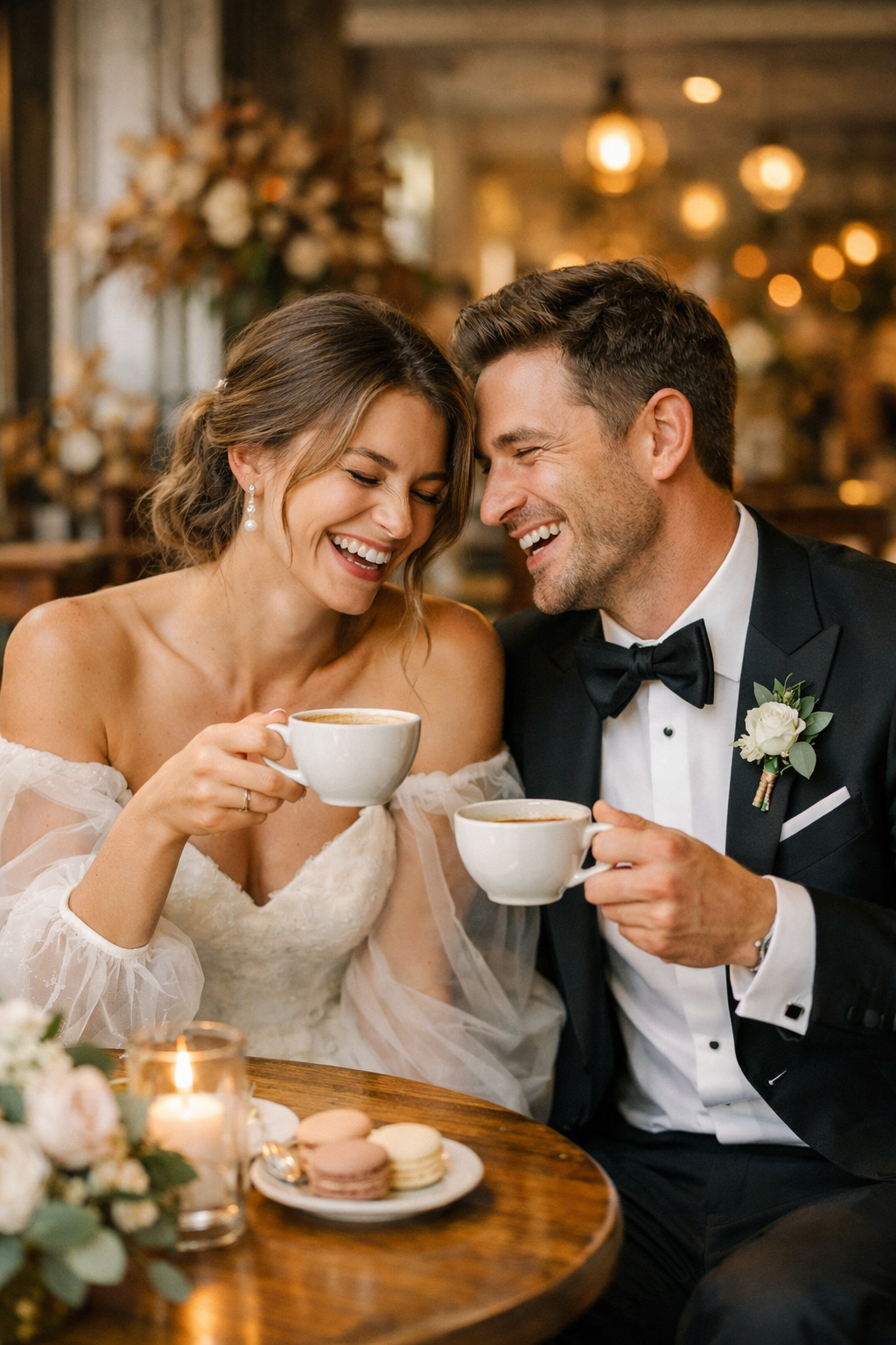Engaged couple laughing over coffee in a cozy coffee shop.