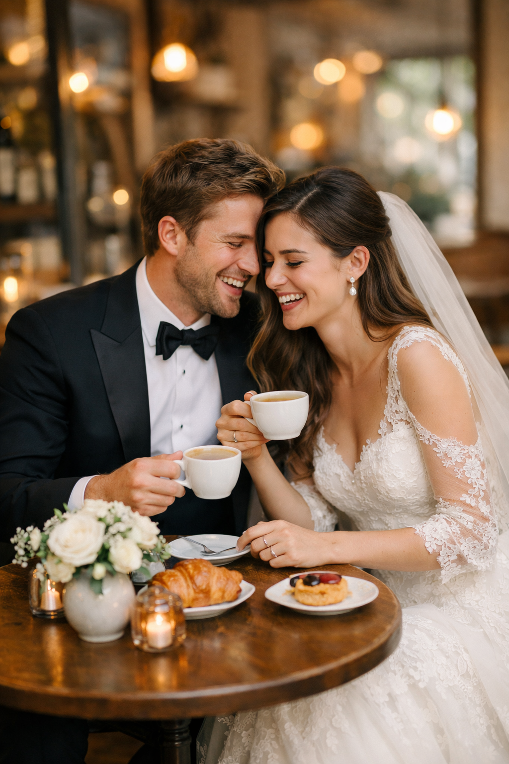 A couple together in a coffee shop, sharing laughter while holding coffee cups.
