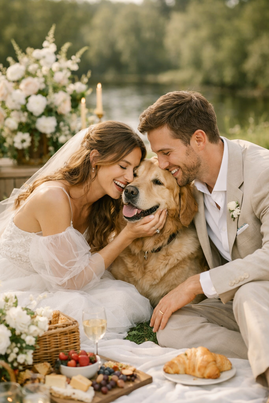 Couple enjoying a picnic engagement photoshoot with their golden retriever by a lake.