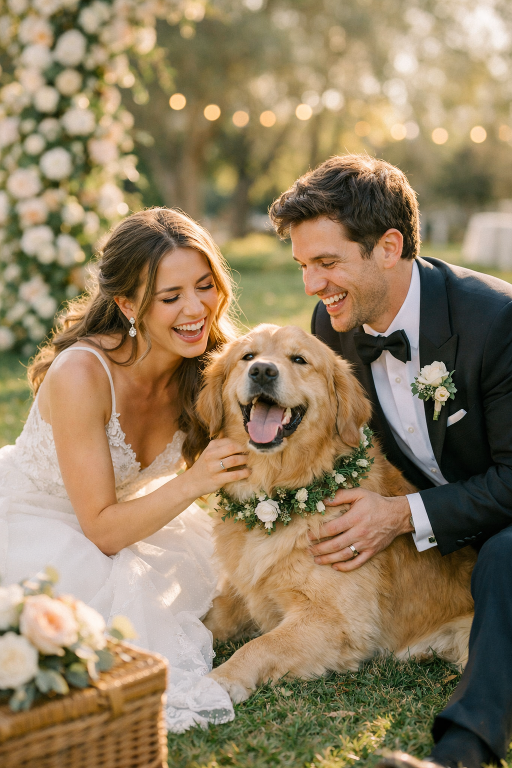 A couple enjoying a candid moment with their golden retriever during an engagement photo shoot, set against a backdrop of flowers and fairy lights.
