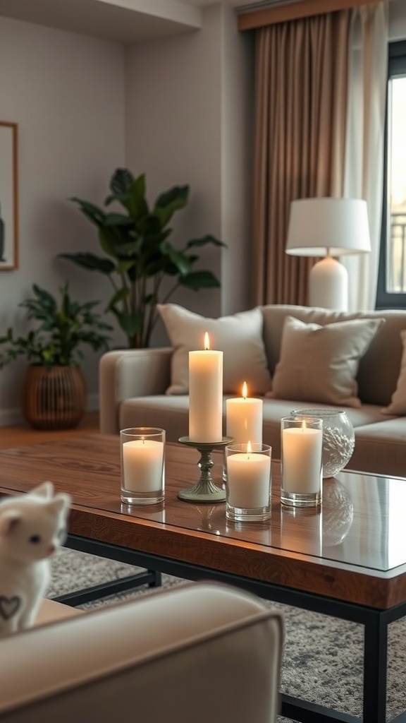 A cozy apartment living room with a candle arrangement on a coffee table, featuring various heights and styles of candles.