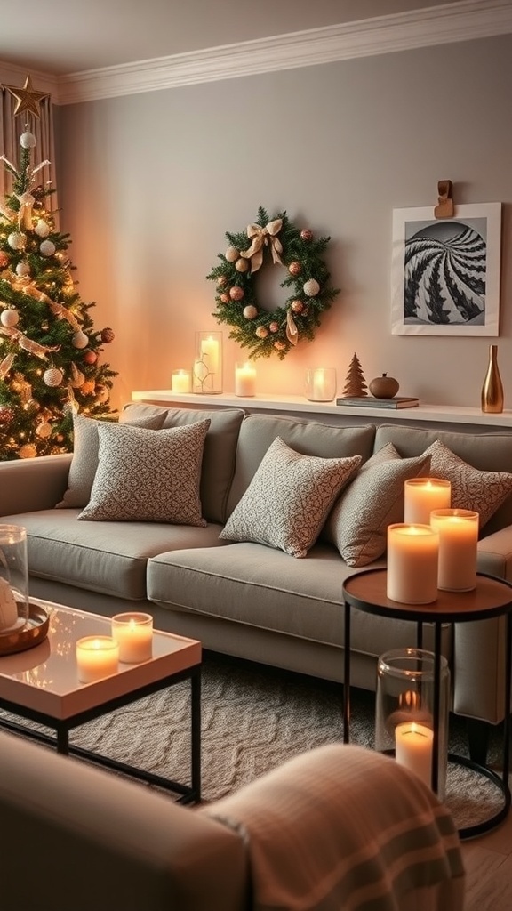Cozy living room with candles on side tables, a Christmas tree, and a wreath on the wall.