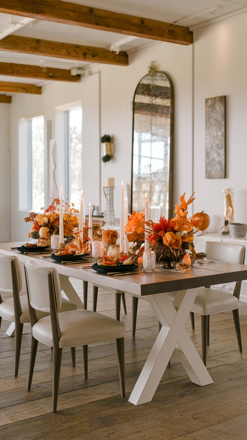 A beautifully arranged Thanksgiving dinner table with candles and seasonal decor.