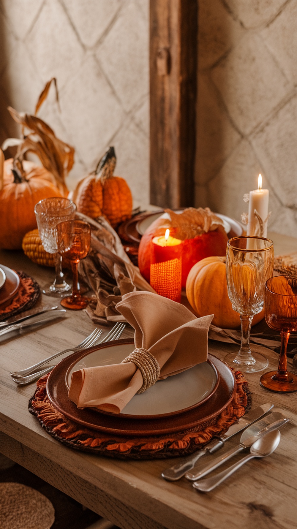 Thanksgiving table setting with folded napkin as candle holder, pumpkins, and candles
