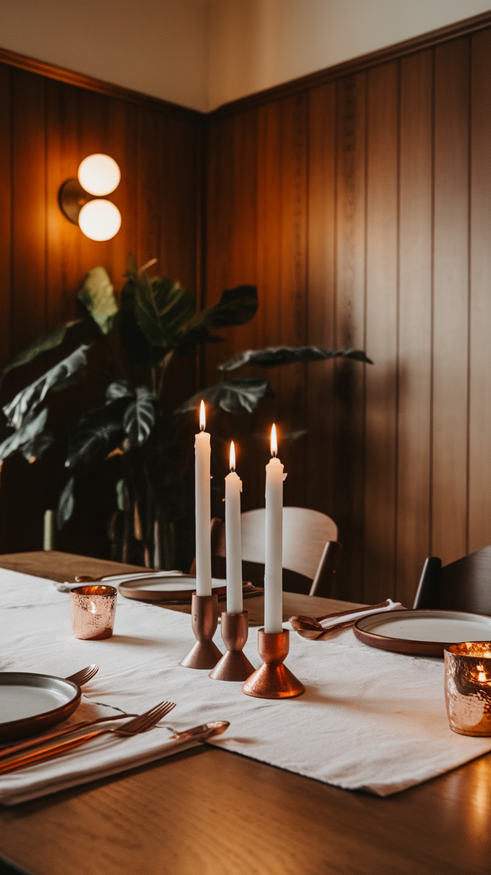 A beautifully set Thanksgiving table with candles, plates, and utensils.