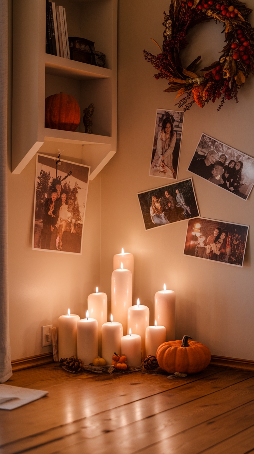 A cozy corner with candles, a pumpkin, and seasonal decorations for Thanksgiving.