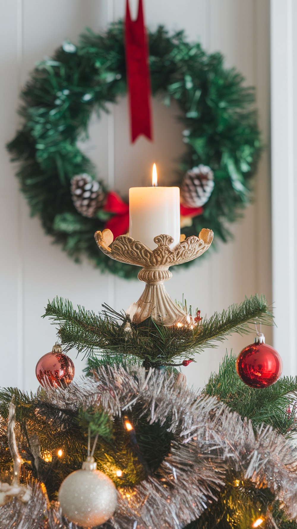 A Christmas tree with a candle topper and a green wreath in the background