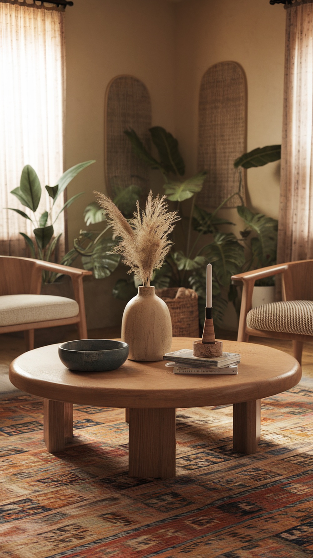 A cozy boho-inspired table setting featuring a candle, a vase of pampas grass, and earthy bowls.