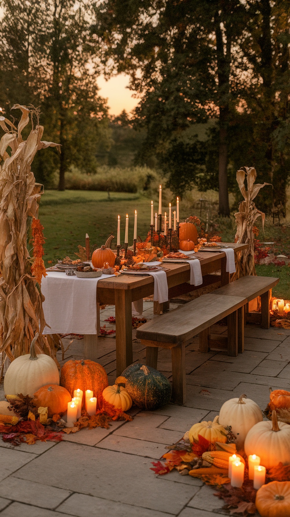 A beautifully set Thanksgiving table with candles, pumpkins, and autumn leaves.