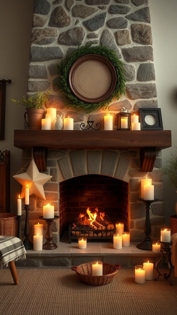 A rustic farmhouse fireplace with candles and a warm fire, creating a cozy atmosphere.