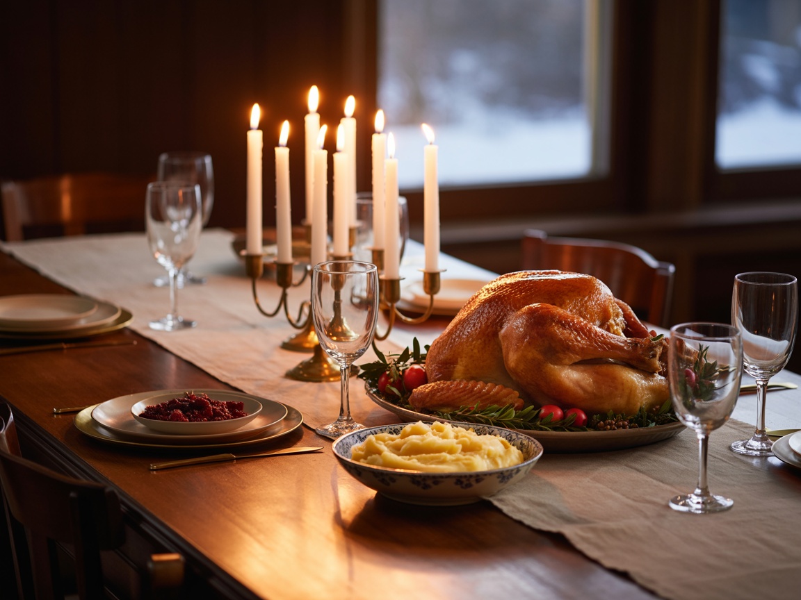 A beautifully set Thanksgiving table with candles, white pumpkins, and autumn leaves.