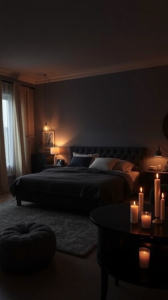 A dark romantic bedroom with candles providing soft lighting.