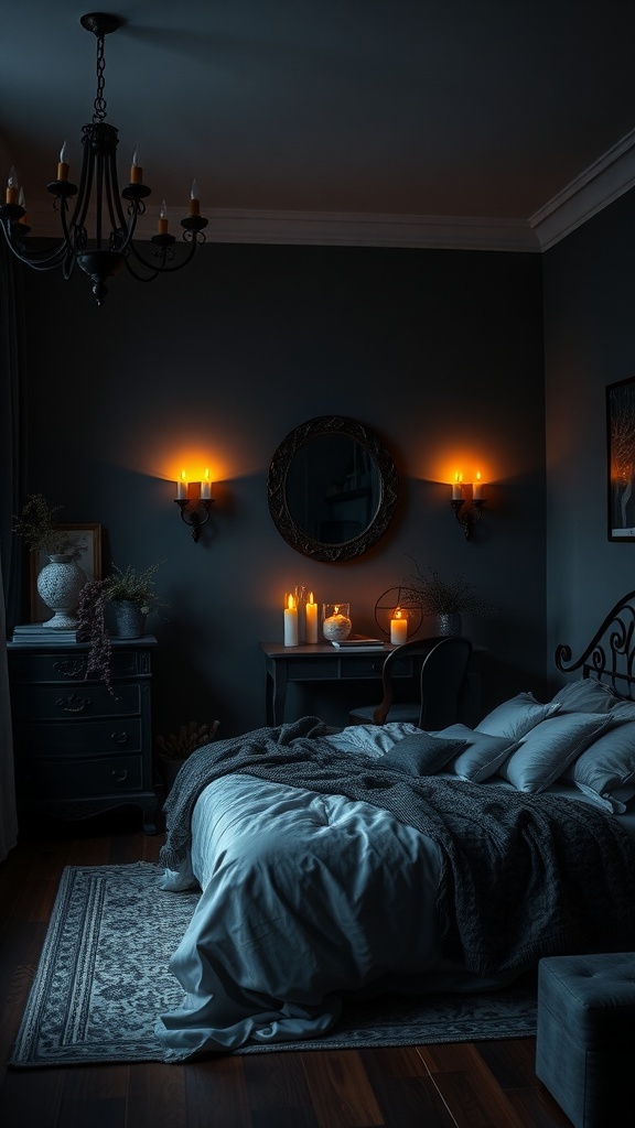 A romantic goth bedroom with candlelight, dark walls, and cozy bedding.