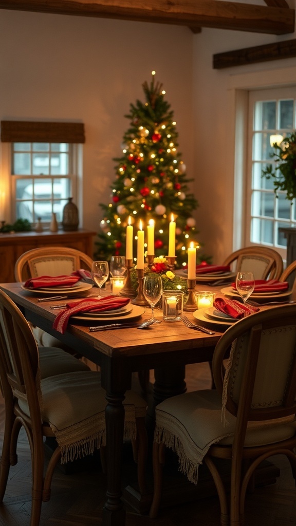 A cozy dining room with a wooden table set for Christmas, featuring candles, glassware, and a decorated Christmas tree.