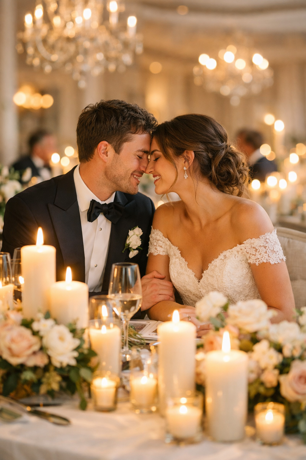 A loving couple sharing a moment at a candlelit wedding table adorned with flowers and candles.