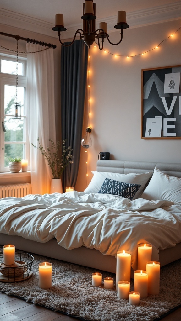 A cozy bedroom with a bed surrounded by candles and soft lighting.