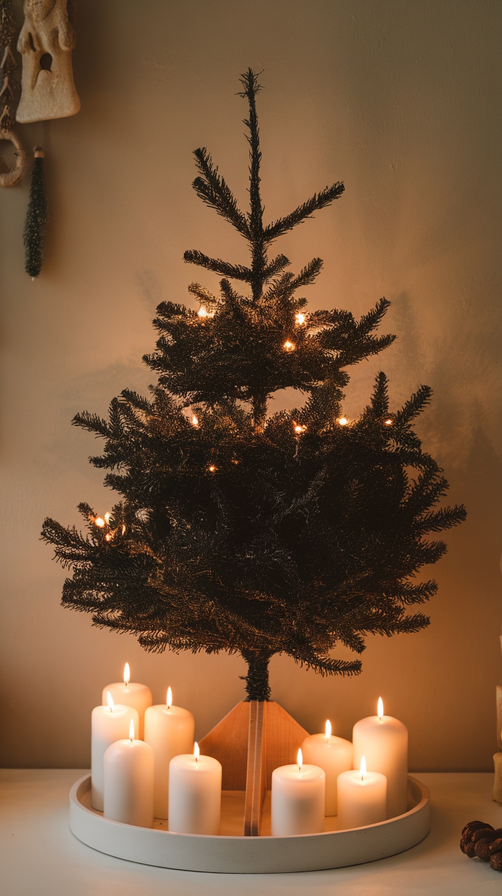 A black Christmas tree adorned with warm lights, surrounded by white candles on a tray.