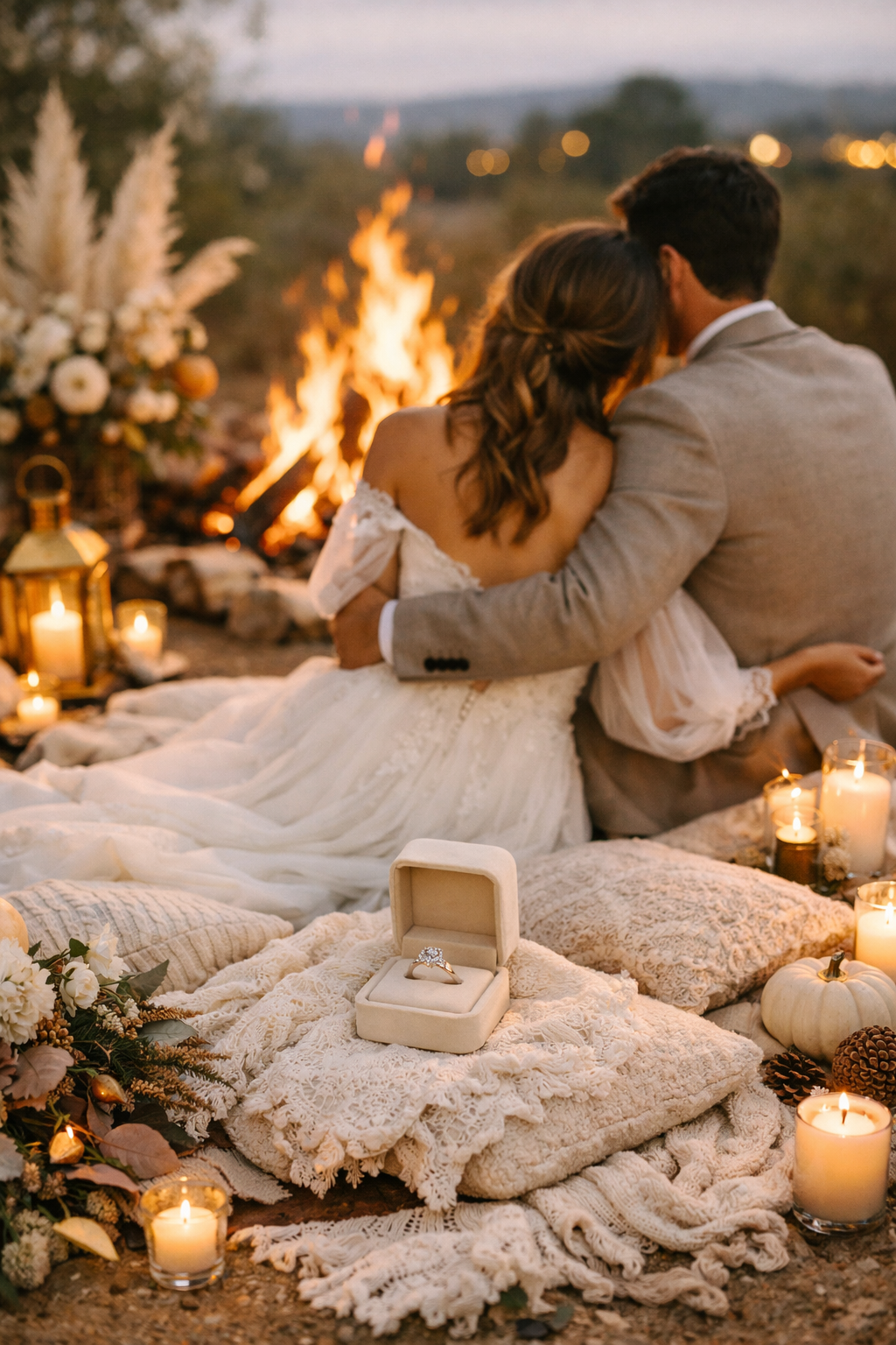 A cozy candlelit bonfire setup for a romantic proposal, with blankets, pillows, and a ring box.