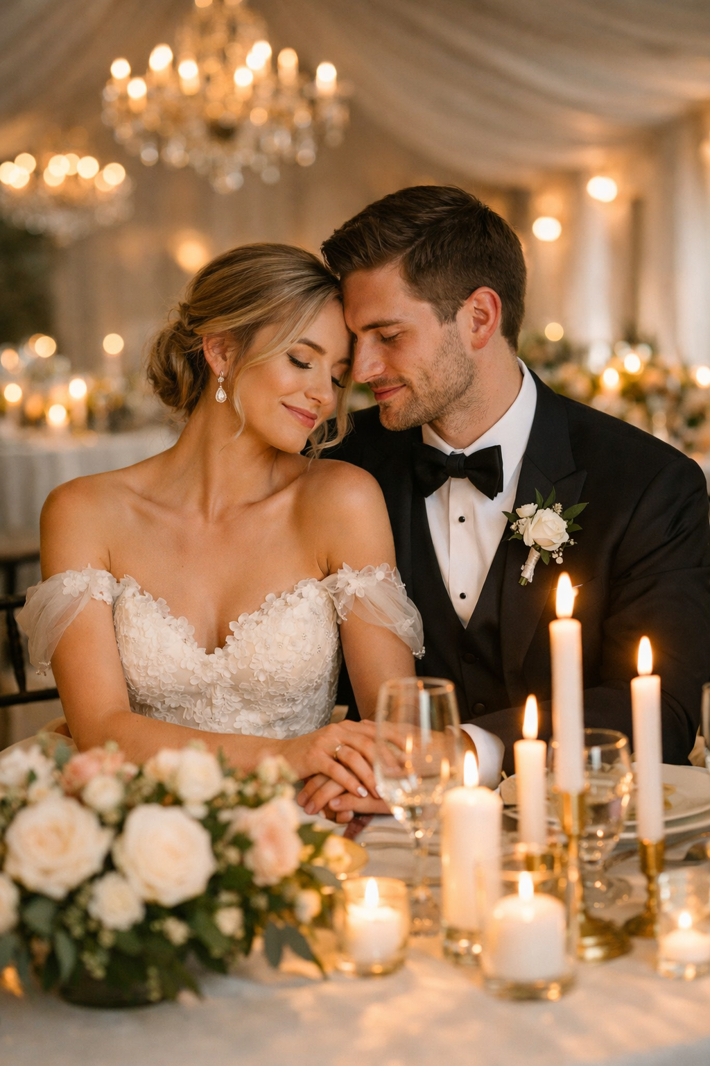 A candlelit wedding reception table with a couple sharing an intimate moment.
