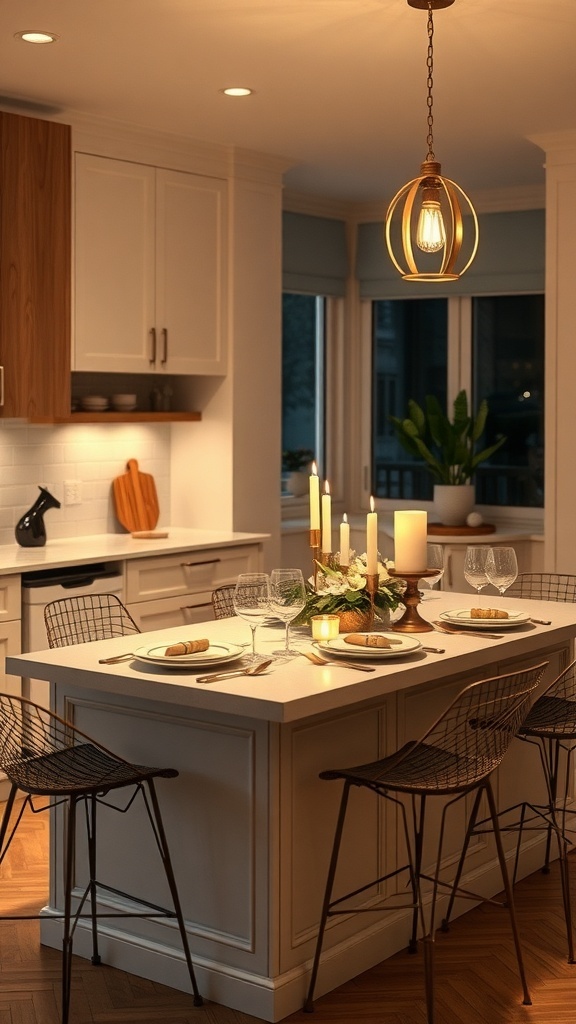 A cozy kitchen island dinner setup with candles, glassware, and a natural centerpiece.