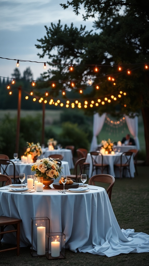 A beautifully set outdoor bridal shower area with candlelit tables and string lights.
