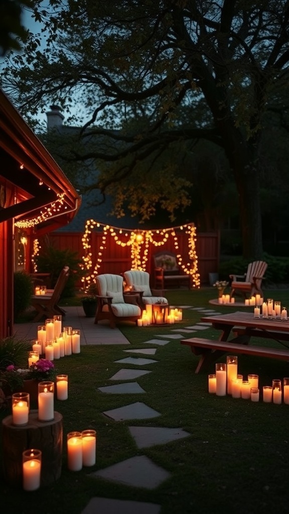 A beautifully decorated backyard with candles lining the path and string lights overhead for an evening bridal shower.