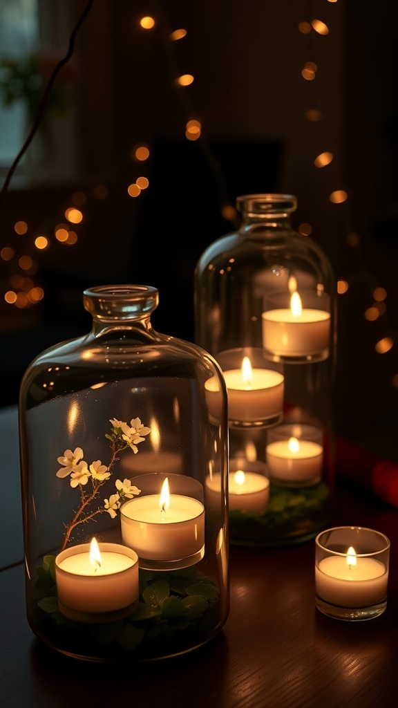 Candlelit glass terrariums centerpiece for a bridal shower featuring candles and flowers.